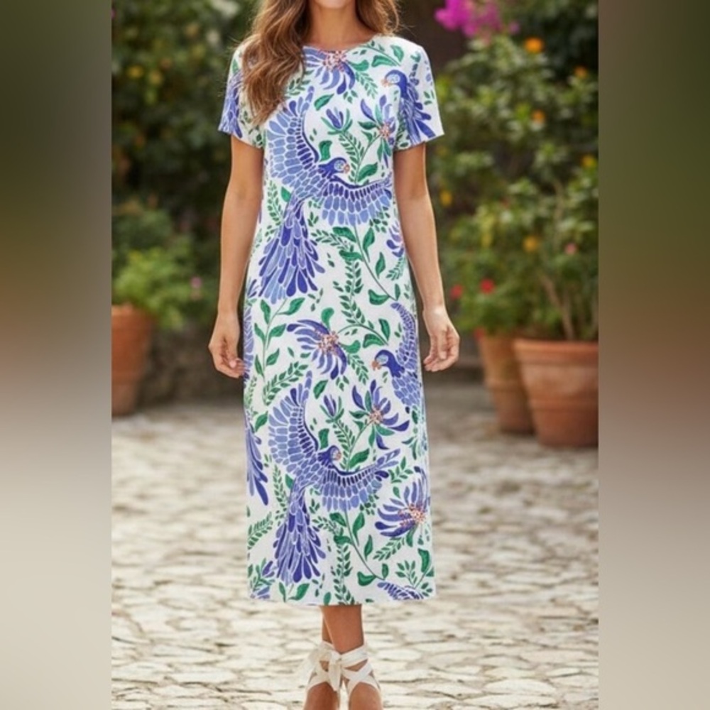 Jude Connally Resort Coastal Core Whimsy Parrot Ella Midi Dress Size Small